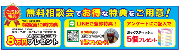 【無料相談会 特典案内】 無料相談会の来場者向け特典を紹介する横長バナー。 左側： 「ご成約特典」として、屋根・外壁・雨どい工事を80万円以上ご成約の方に、8万円プレゼントと記載。 中央： 「LINEご登録特典」として、LINE登録をすると、きり珈琲の好きなメニューから1杯プレゼントと案内。QRコードとドリンク写真を掲載。 右側： 「アンケートにご記入で」ボックスティッシュ5個プレゼントと記載。ティッシュ箱のイラストあり。 上部に「無料相談会でお得な特典をご用意！」と大きく表示。